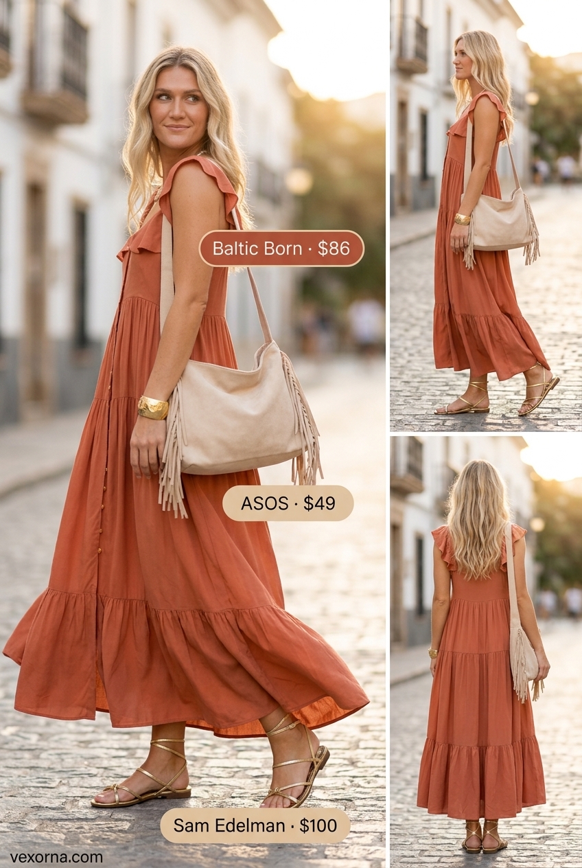 Loose fit hot summer outfits for women 2026: Terracotta maxi dress, gold bracelet, metallic sandals, and slouchy clutch for an evening out.