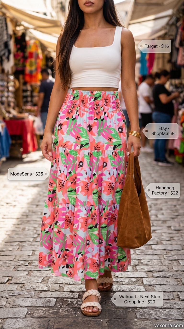 Loose fit hot summer outfits for women 2026: Floral maxi skirt, white cropped tank, bangles, and flat sandals for a bohemian festival look.