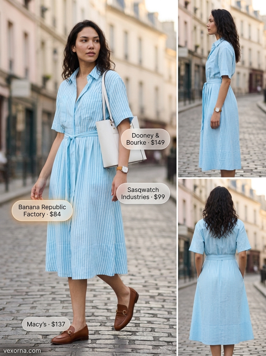 Loose fit hot summer outfits for women 2026: Light blue striped shirtdress, tan loafers, and structured tote for a polished daytime look.