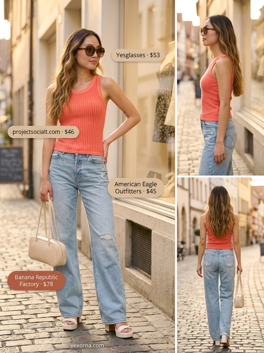 Loose fit hot summer outfits for women 2026: Light wash wide-leg jeans, coral tank top, retro sunglasses, and platform sandals for a casual day.