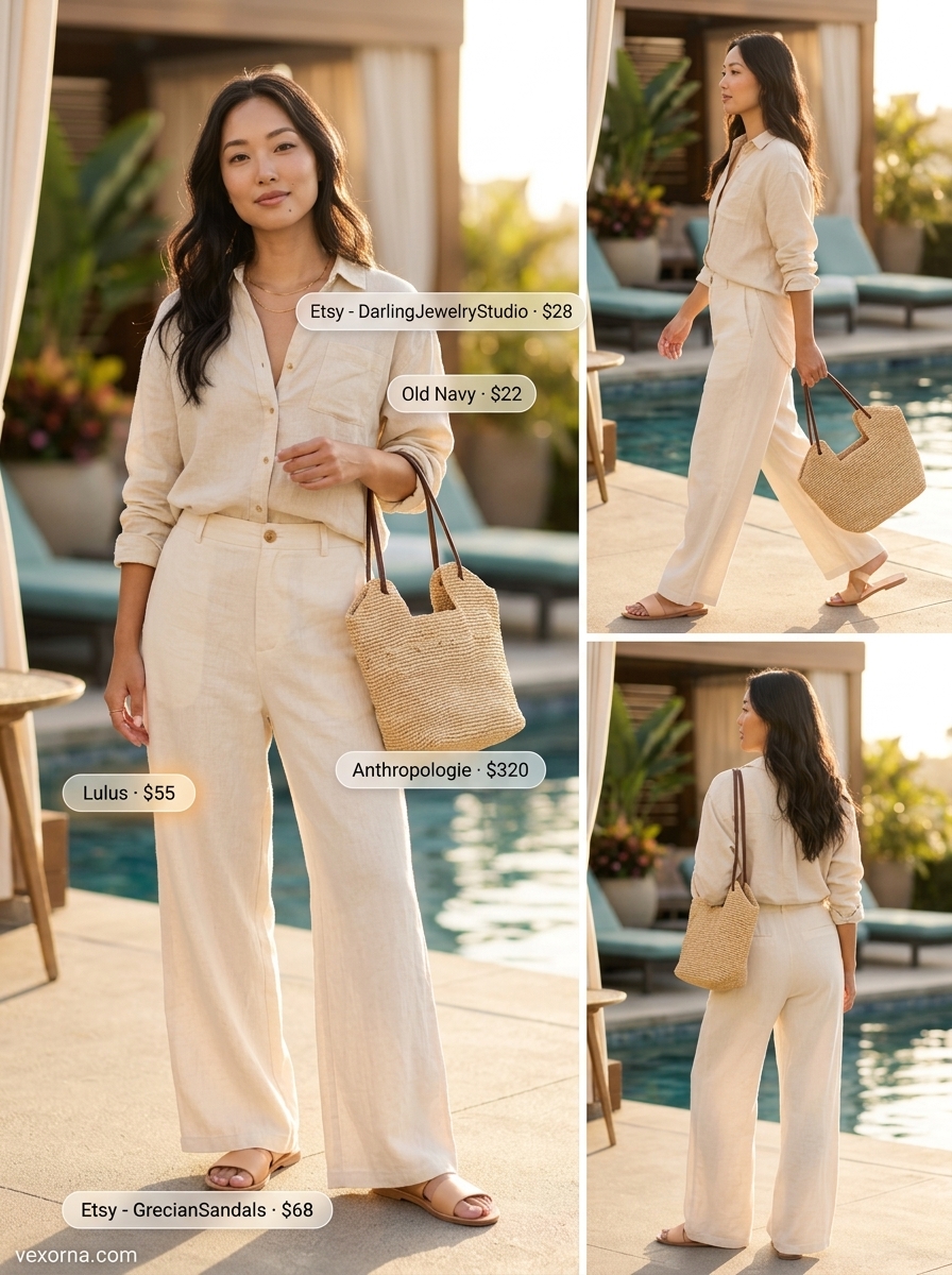 Miami pool party summer outfits 2026: Beige linen trousers and shirt with tan leather sandals for a minimalist resort look.