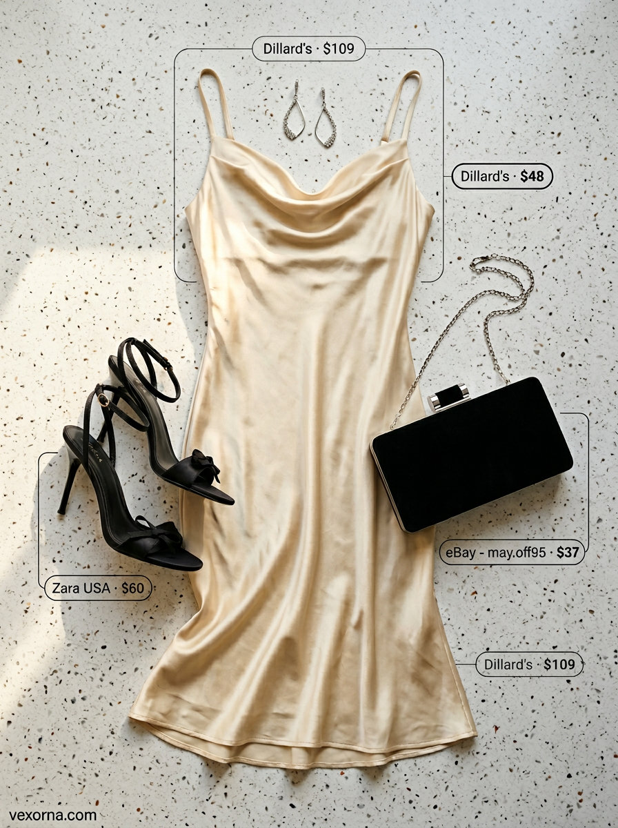 Miami pool party summer outfits 2026: Champagne slip dress with black heels and clutch.