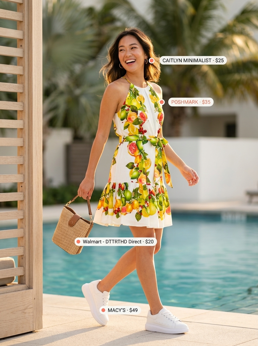 Miami pool party summer outfits 2026: Yellow citrus mini dress with platform sneakers.