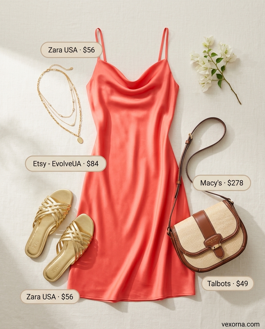 Miami pool party summer outfits 2026: Glamorous coral slip dress, gold jewelry, straw bag, and metallic sandals.