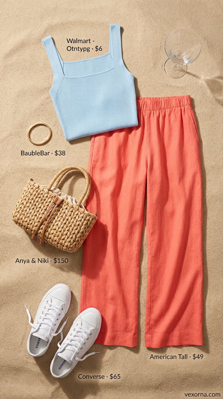 Miami pool party summer outfits 2026: Coral linen pants, white tank, sneakers & straw tote.