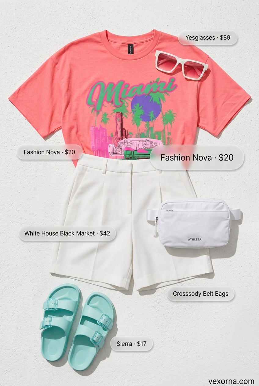 Miami pool party summer outfits 2026: Playful coral tee, white shorts, teal slides, and nylon belt bag.