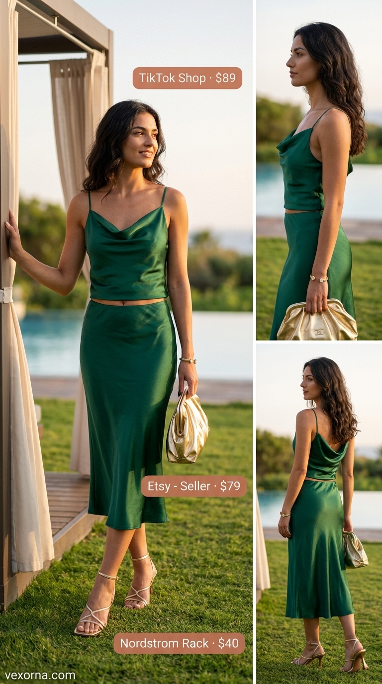 Miami pool party summer outfits 2026: Emerald green satin set with gold accessories for a glamorous resort evening.