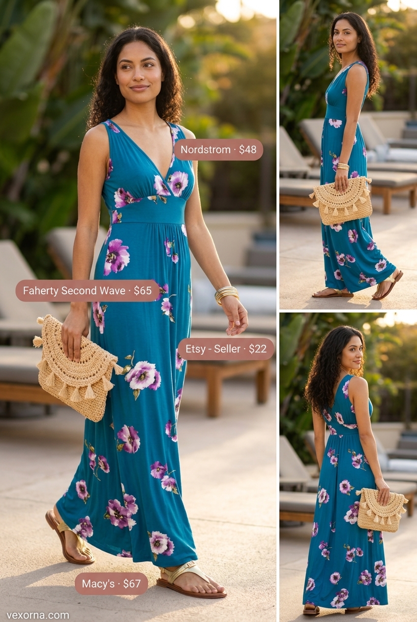 Miami pool party summer outfits 2026: Teal and emerald floral maxi dress with raffia clutch and gold sandals.