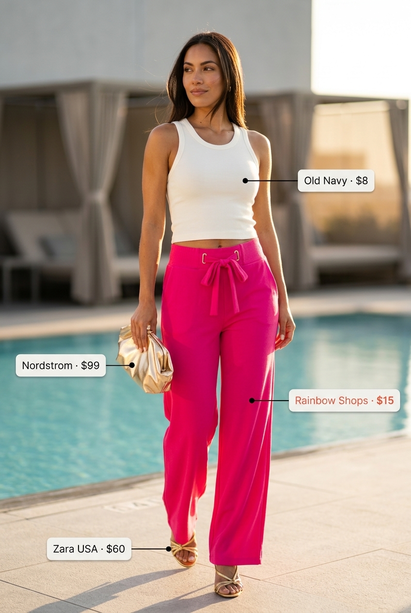 Miami pool party summer outfits 2026: Fuchsia wide-leg pants with white tank, gold sandals, and clutch for sunset cocktails.