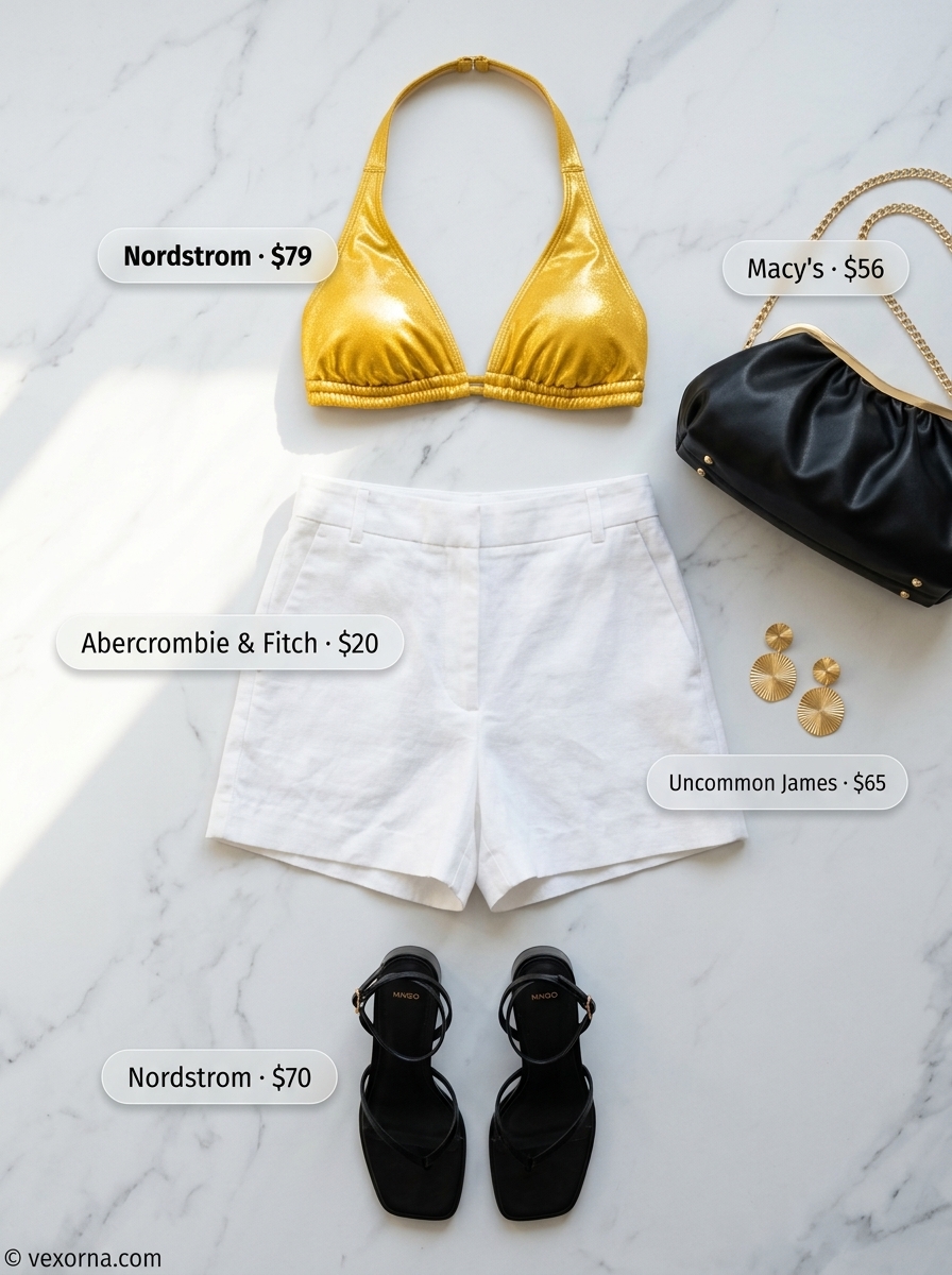 Miami pool party summer outfits 2026: Glamorous gold bikini top, linen shorts, statement earrings, and heels.