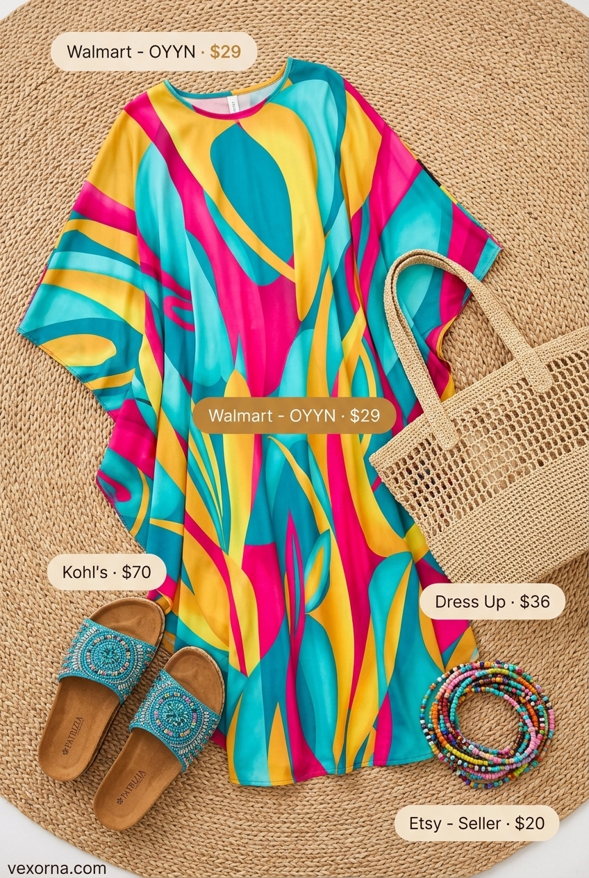 Miami pool party summer outfits 2026: Hot pink kaftan with straw tote and beaded bracelets.