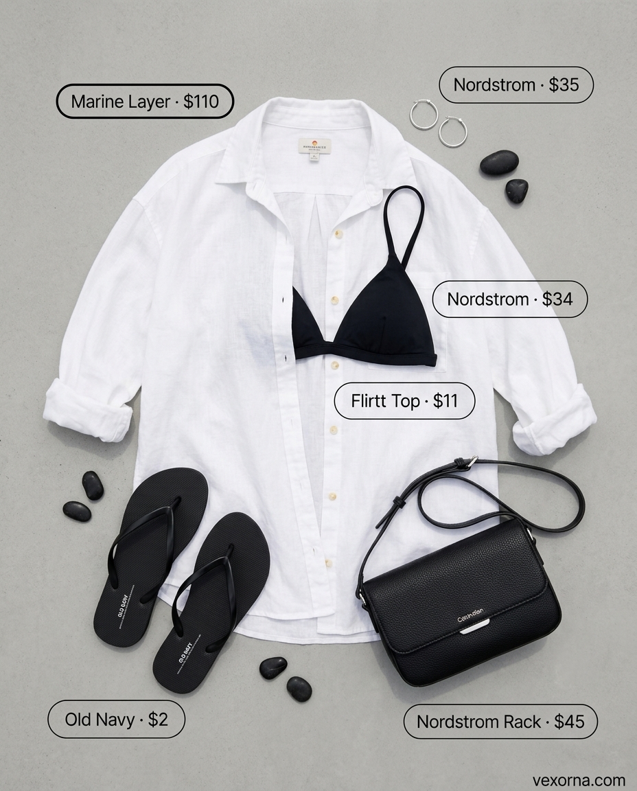 Miami pool party summer outfits 2026: White linen shirt over bikini, black sandals & bag.