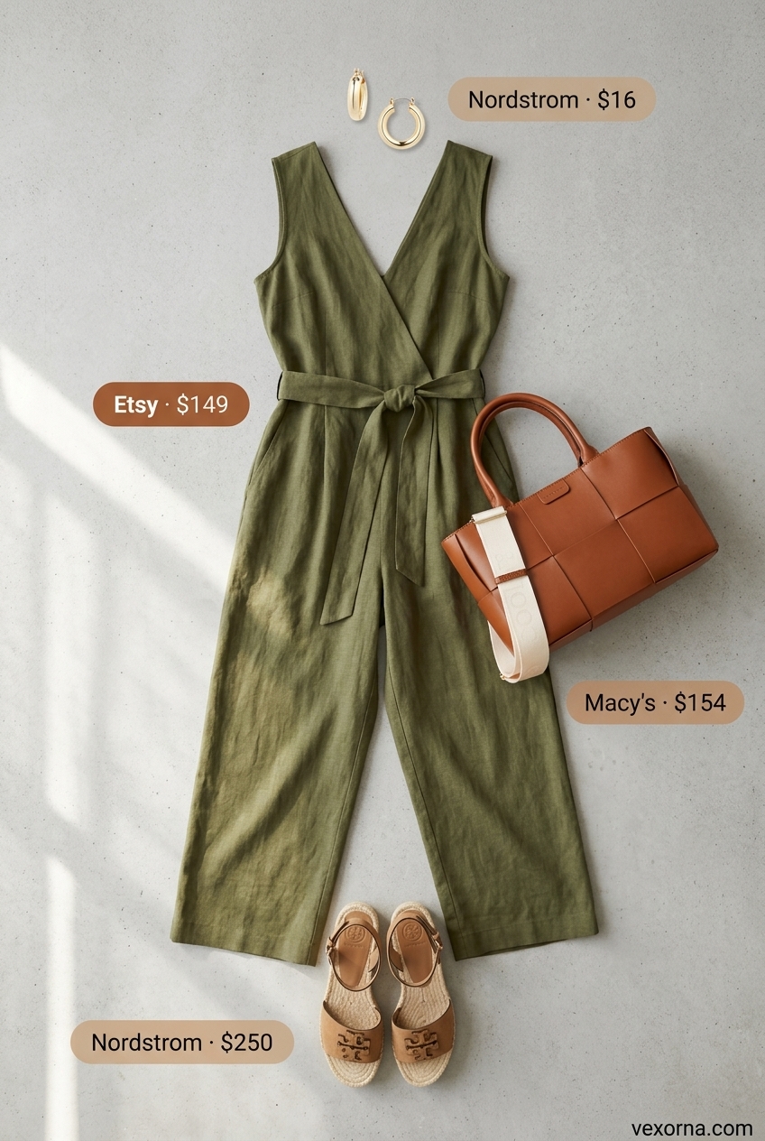 Miami pool party summer outfits 2026: Olive green linen jumpsuit with tan espadrilles and woven tote for poolside lounging.