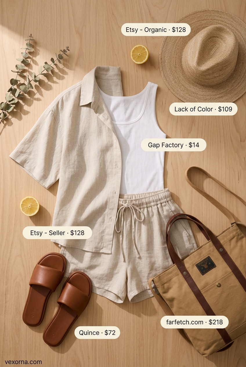 Miami pool party summer outfits 2026: Beige linen shorts set, white tank, straw hat, and leather slides.