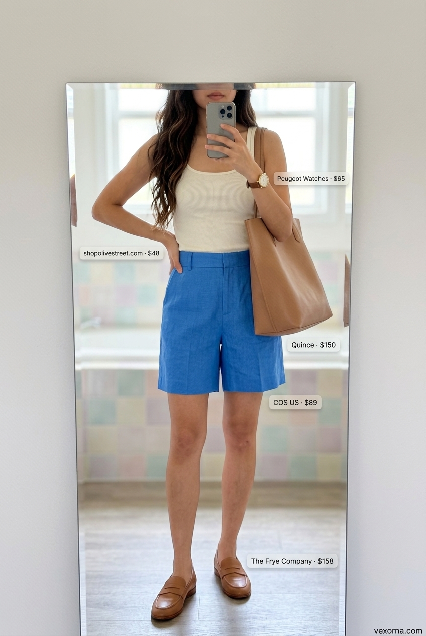 Miami pool party summer outfits 2026: Light blue linen shorts and white tank with tan loafers and leather tote for a polished look.