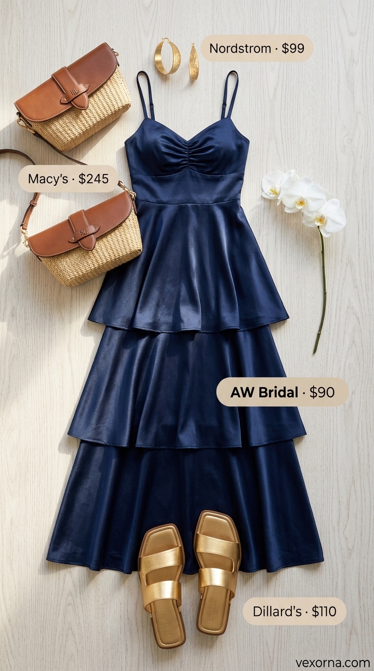 Miami pool party summer outfits 2026: Navy blue maxi dress with straw bag and gold sandals for a chic beach day.