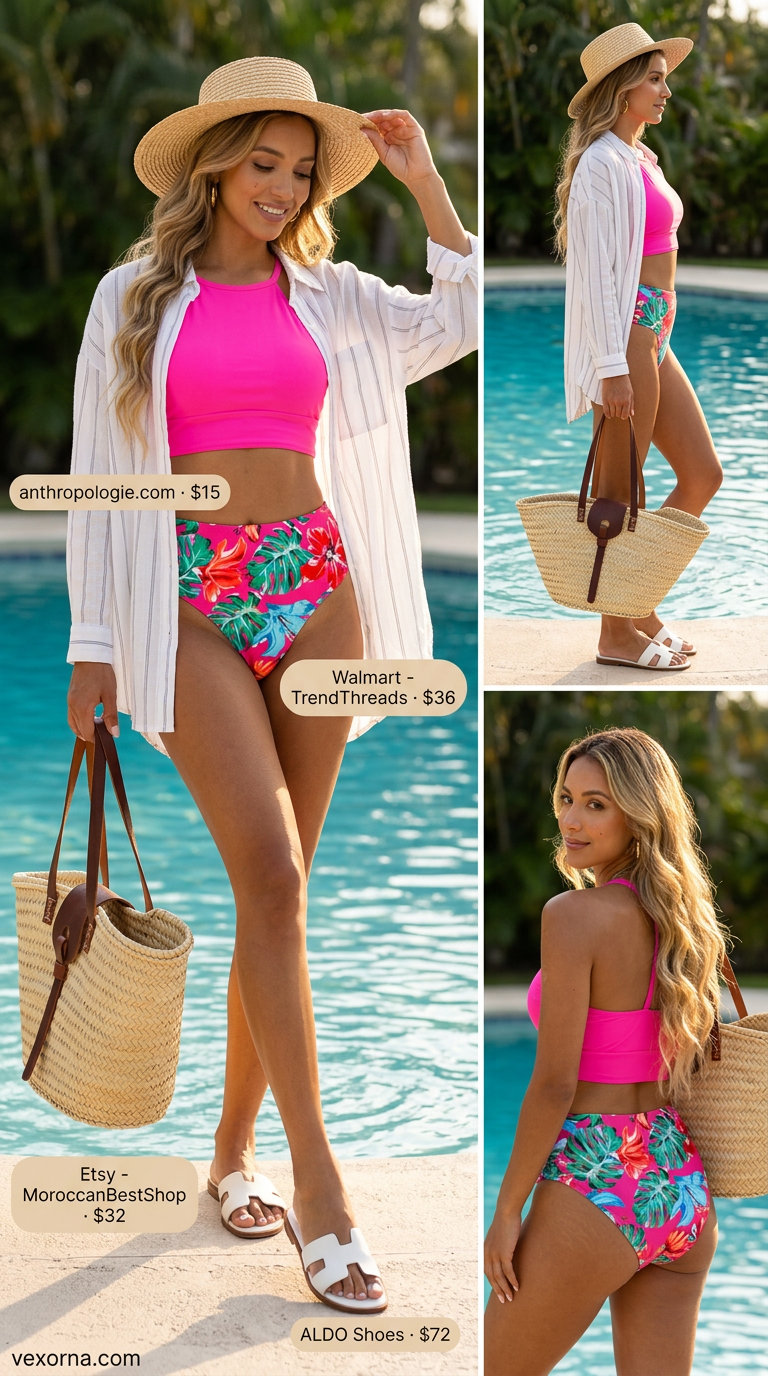 Miami pool party summer outfits 2026: Neon pink bikini with sheer white shirt, gold hoops, and straw tote for bold beach fun.