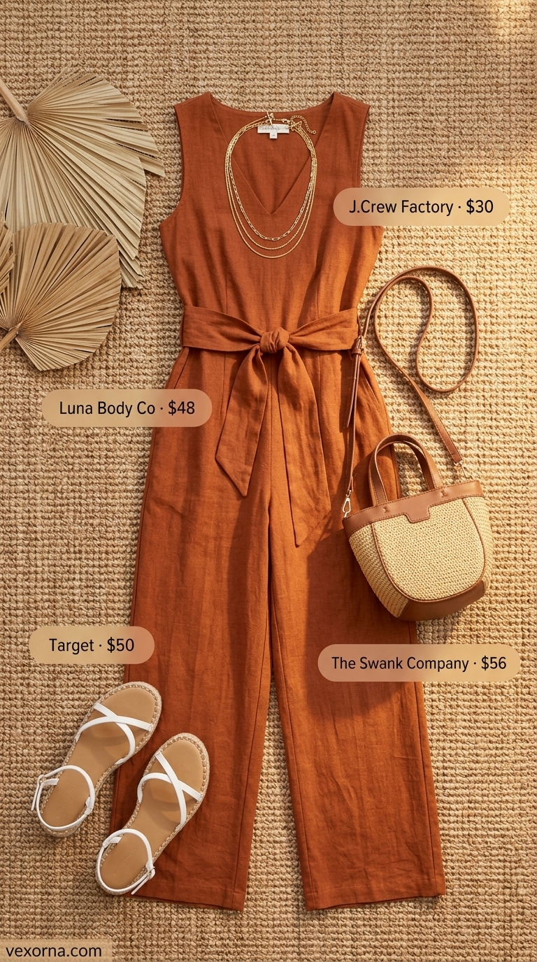 Miami pool party summer outfits 2026: Bright orange jumpsuit with white espadrilles, gold necklaces, and straw crossbody.