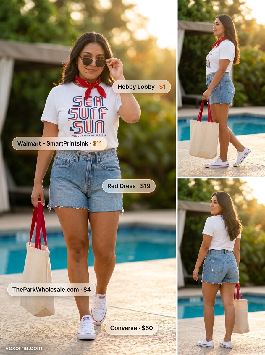Miami pool party summer outfits 2026: Retro graphic tee, denim shorts, canvas tote, and bandana.