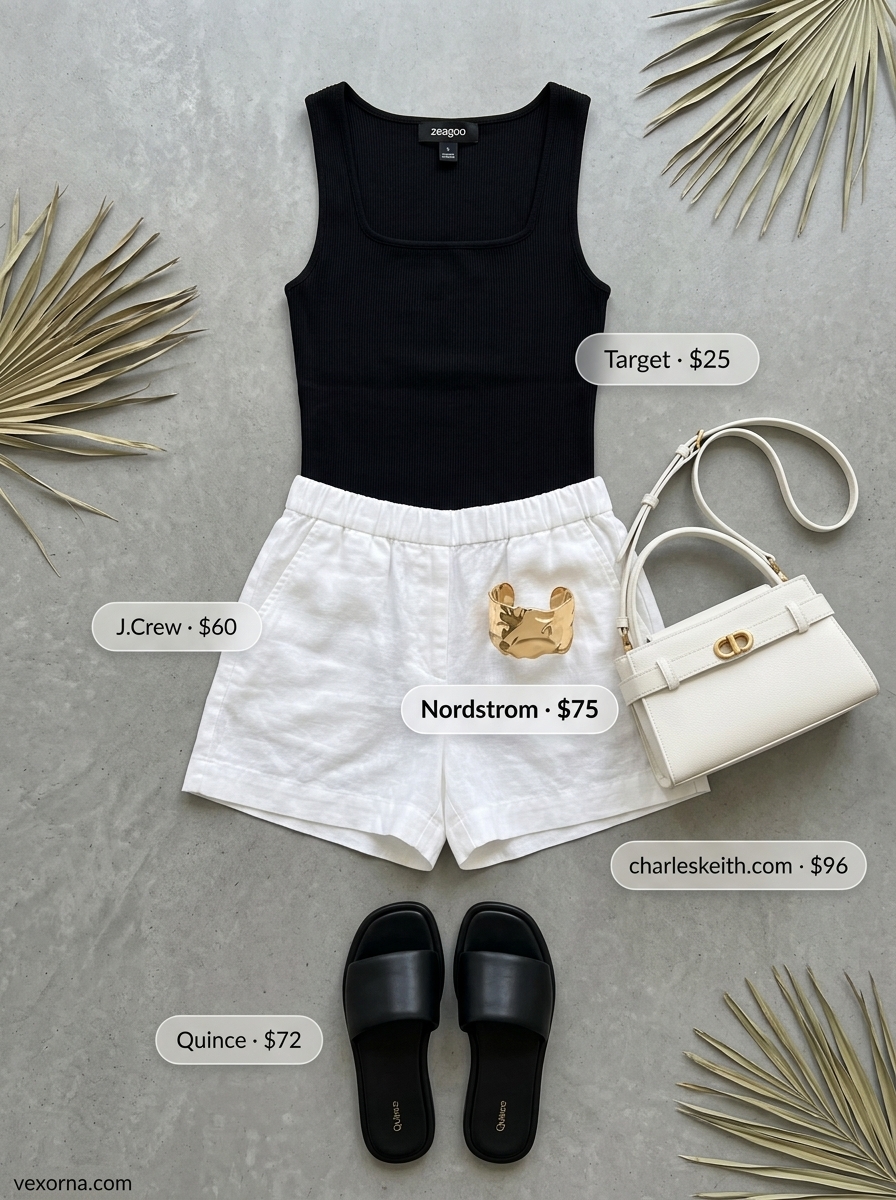 Miami pool party summer outfits 2026: Chic white linen shorts, ribbed crop top, gold cuff, and slides.