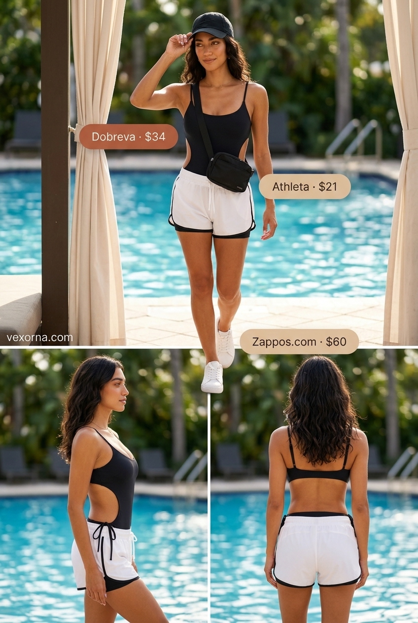 Miami pool party summer outfits 2026: Sporty black swimsuit, white running shorts, belt bag, and bomber jacket.