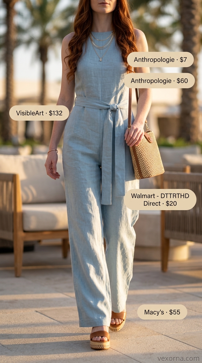 Miami pool party summer outfits 2026: Terracotta linen jumpsuit with straw bag and espadrilles.