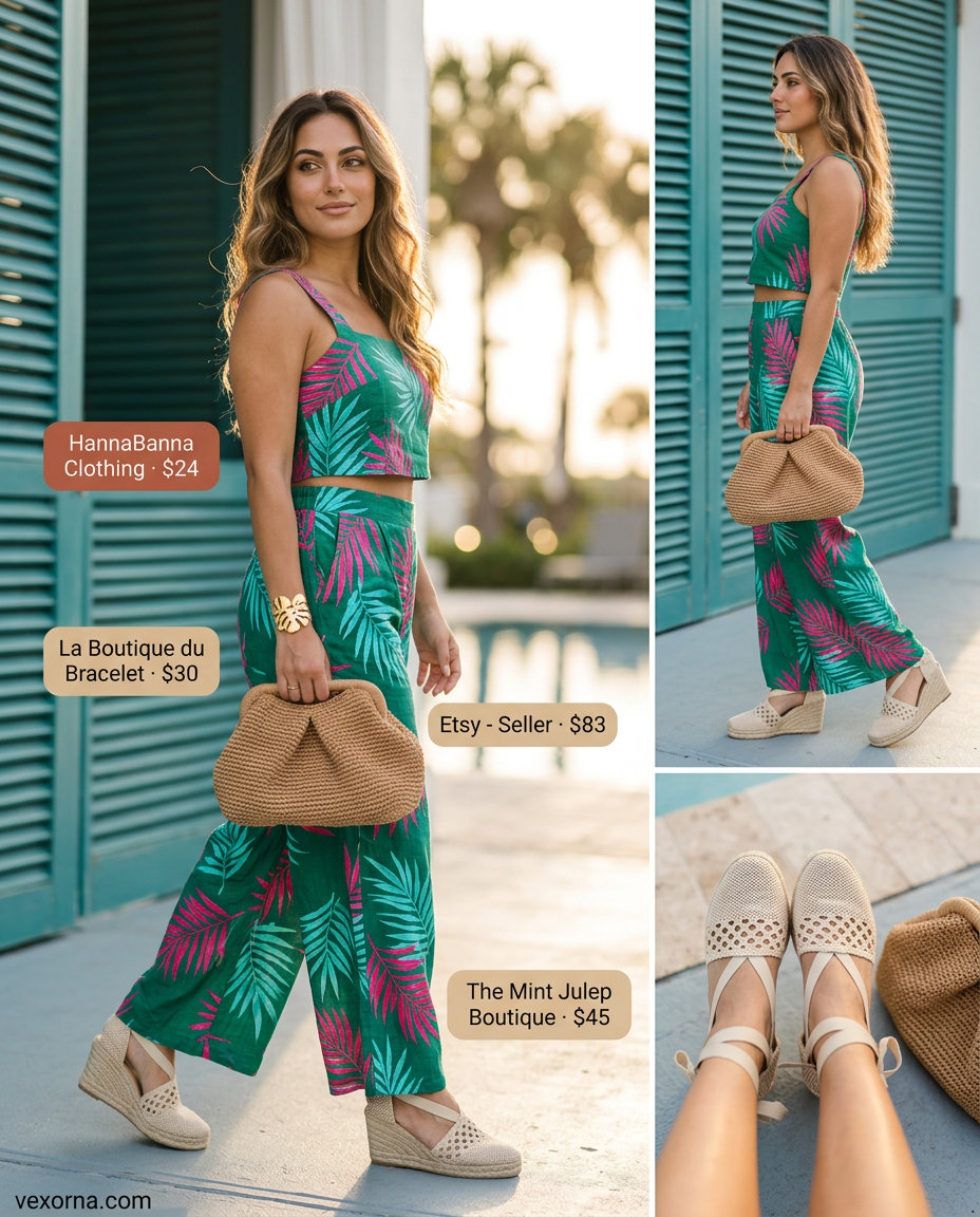 Miami pool party summer outfits 2026: Emerald green tropical linen set with raffia clutch.