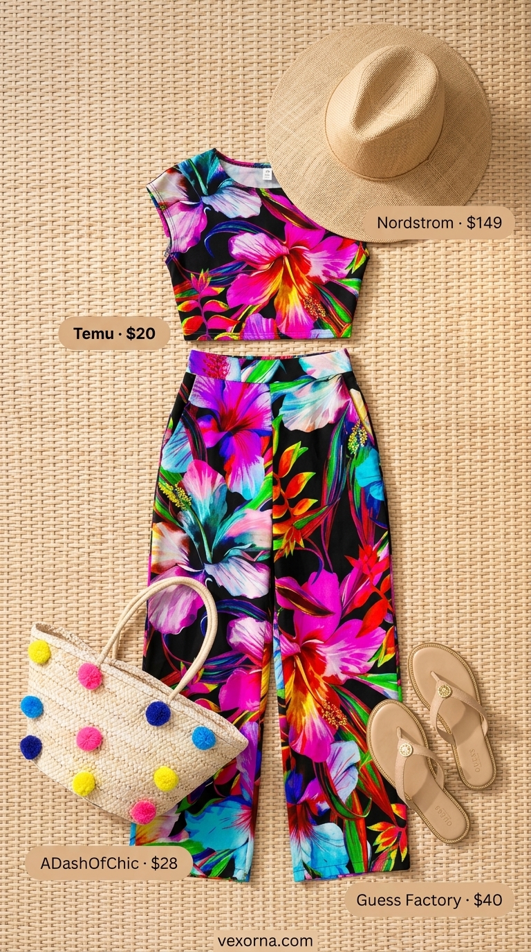 Miami pool party summer outfits 2026: Tropical print set with straw hat and embellished sandals for a playful beach brunch.