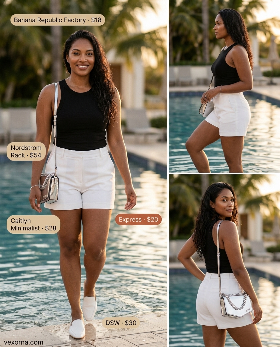 Miami pool party summer outfits 2026: Minimalist white shorts, black tank, silver bag, and mules.