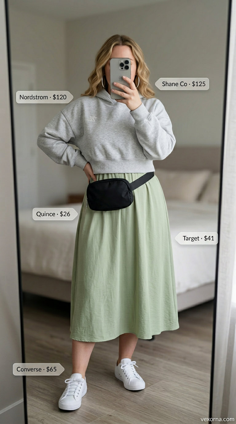 Midsize dress outfits summer 2026: Grey athleisure set with white sneakers and black belt bag for travel.