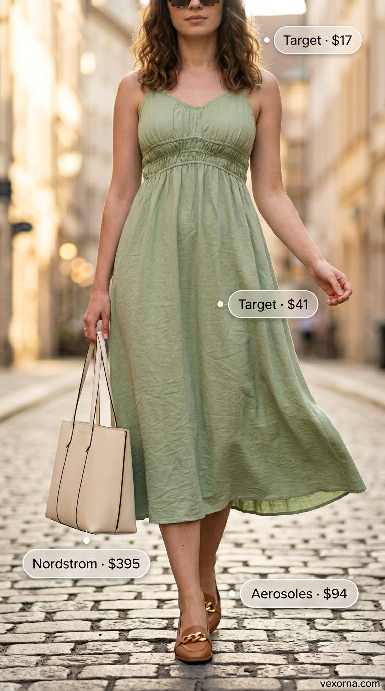 Midsize dress outfits summer 2026: Sophisticated beige linen set with loafers and tortoise shell sunglasses for city chic.