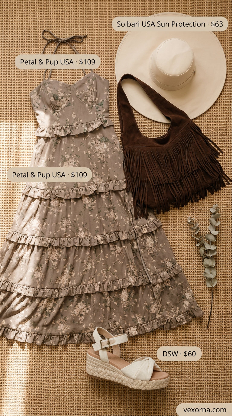 Midsize dress outfits summer 2026: Bohemian maxi dress in earthy tones with espadrilles and floppy hat for festivals.