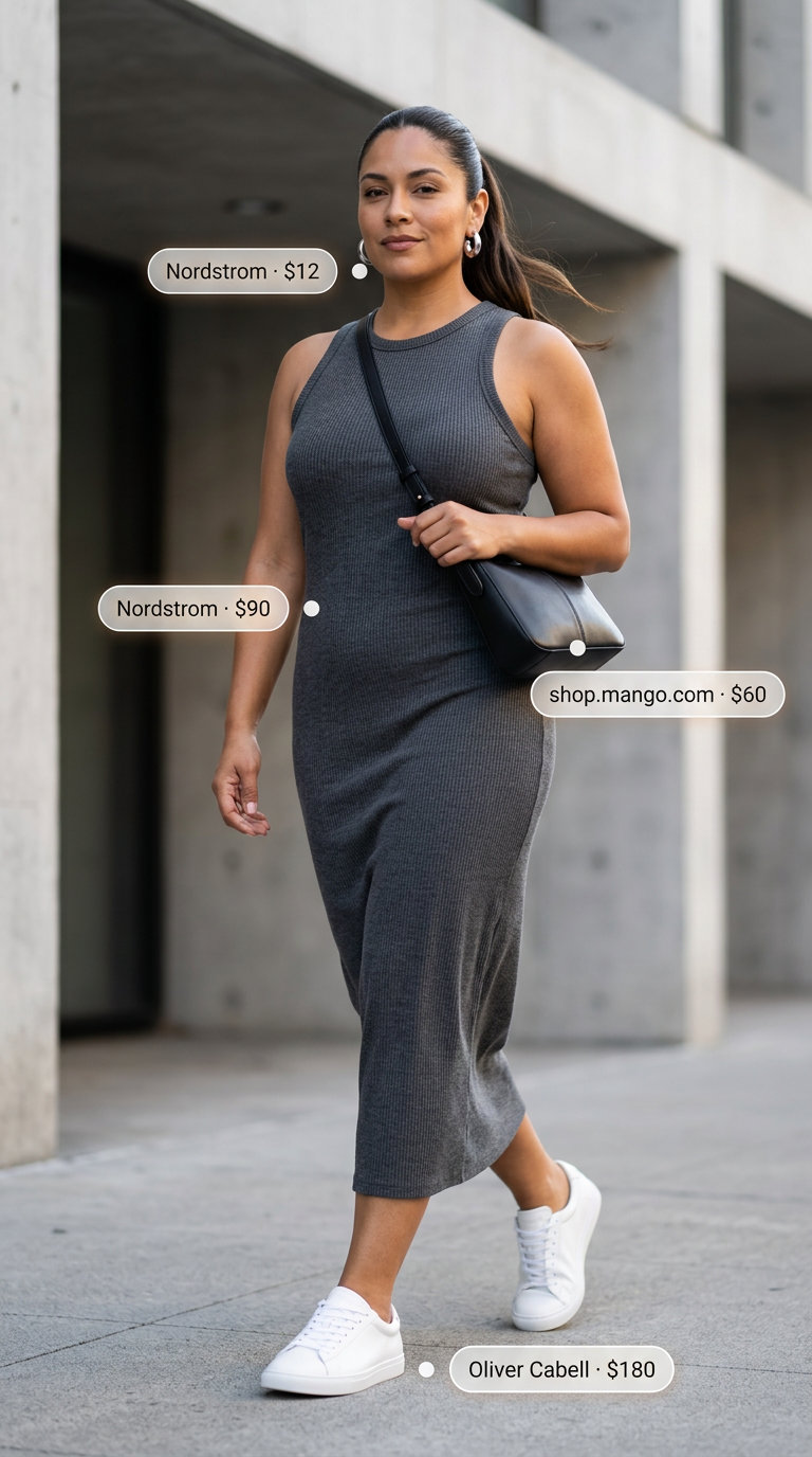Midsize dress outfits summer 2026: Comfortable charcoal grey knit midi dress with white sneakers and silver earrings.