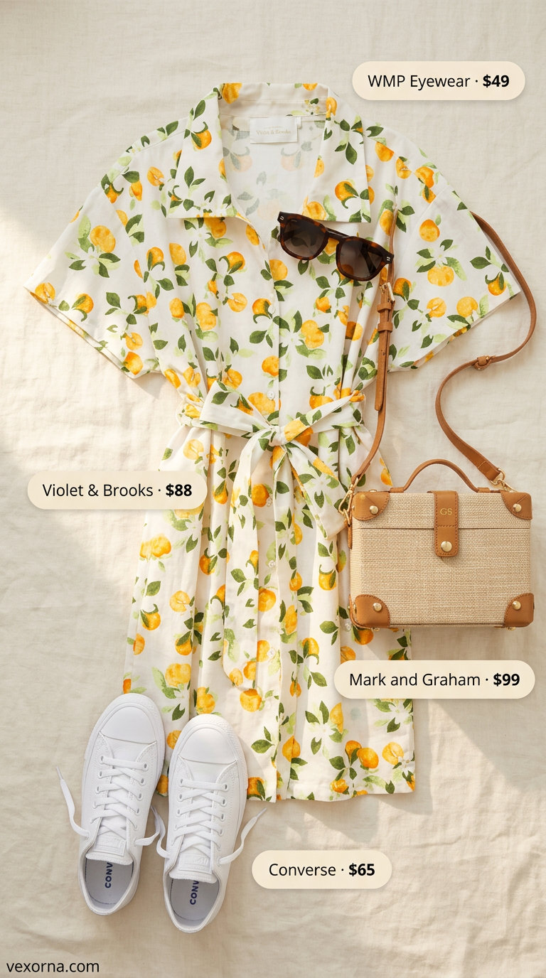 Midsize dress outfits summer 2026: Yellow citrus shirt dress with white sneakers and raffia bag for garden parties.
