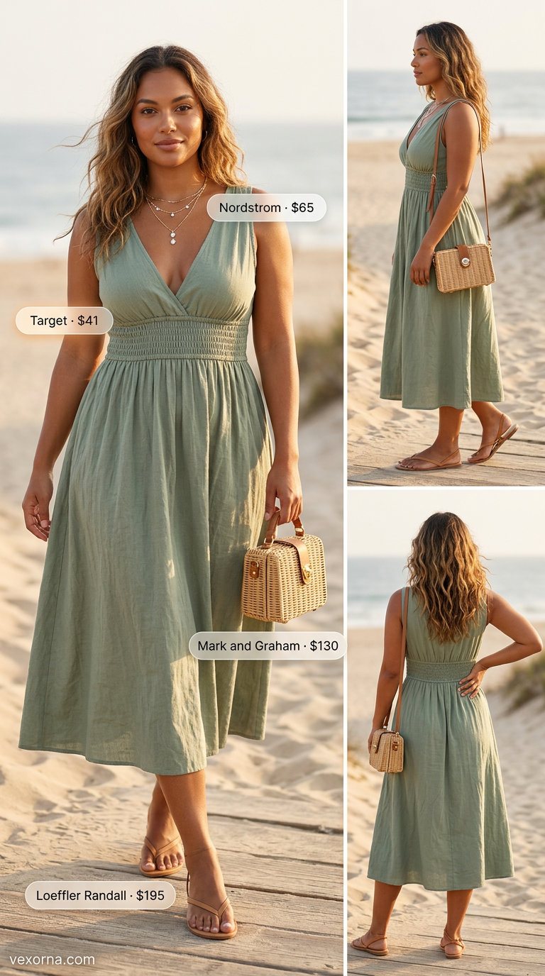 Midsize dress outfits summer 2026: Airy sage green linen dress with tan sandals, woven crossbody, and gold necklaces.