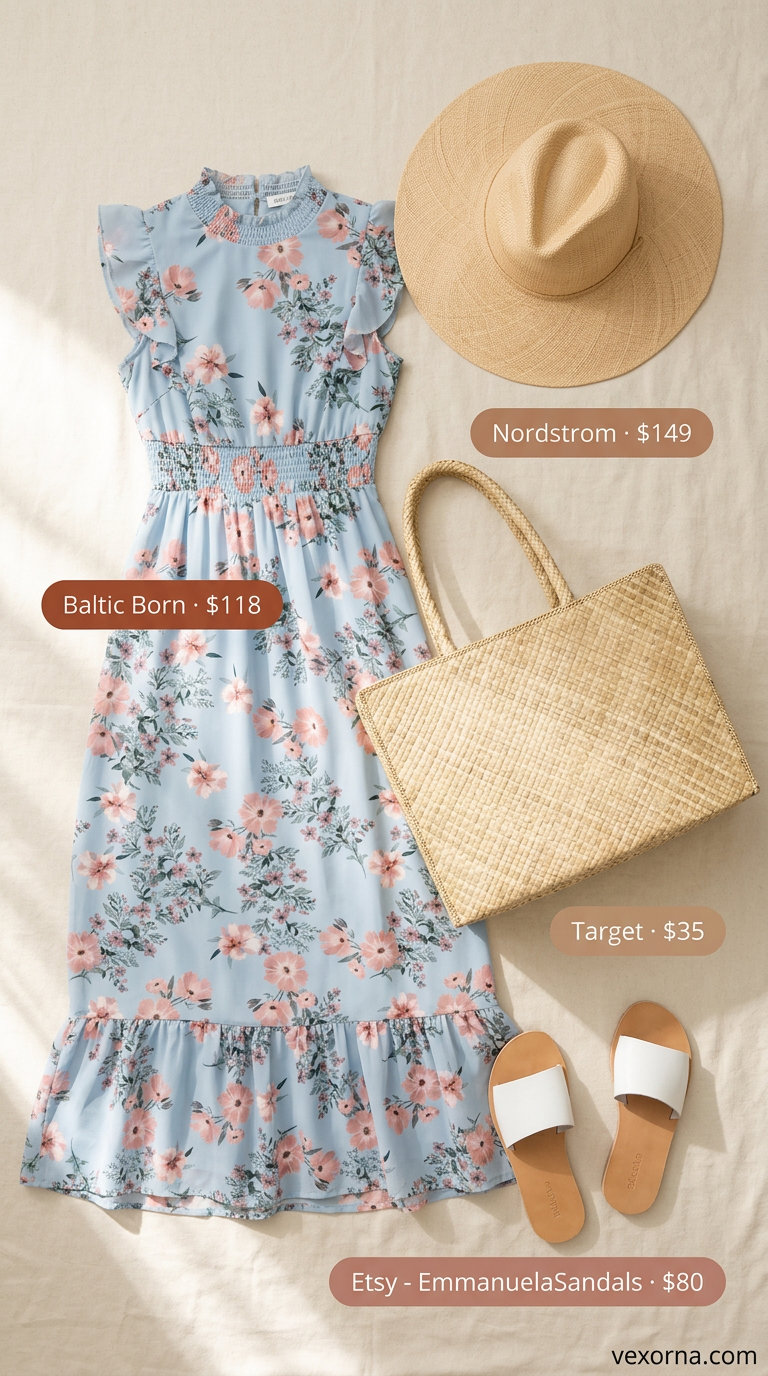 Midsize dress outfits summer 2026: Flowy pastel floral maxi dress with white slides, straw tote, and sun hat.