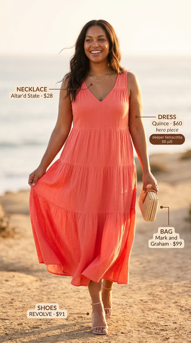 Midsize dress outfits summer 2026: Coral maxi dress with flat sandals and straw clutch for evening events.
