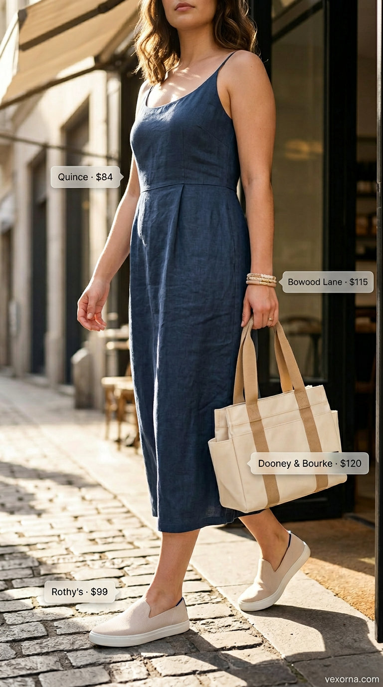 Midsize dress outfits summer 2026: Denim midi dress with canvas sneakers and tote bag for casual weekends.