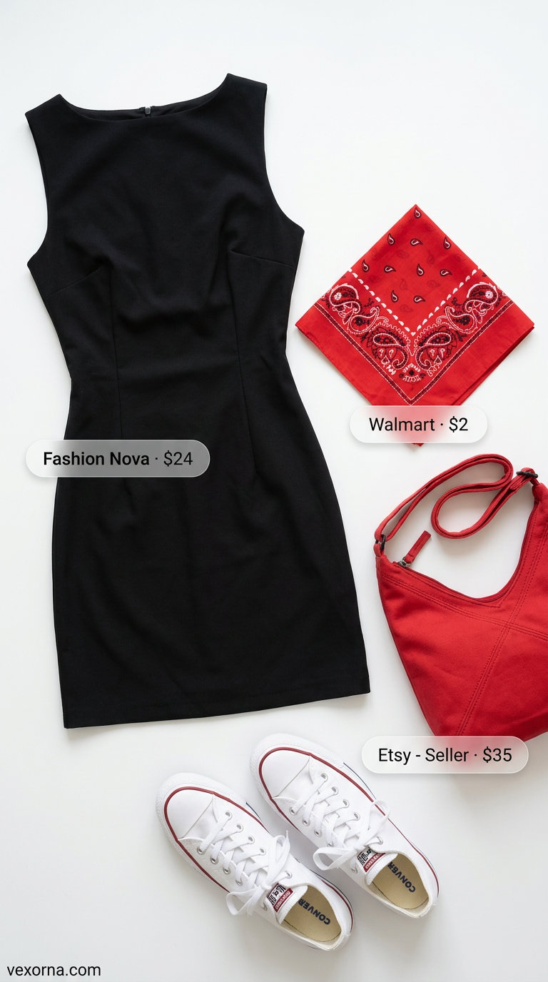 Midsize dress outfits summer 2026: Fun retro denim mini dress with white sneakers and red bandana for casual days.