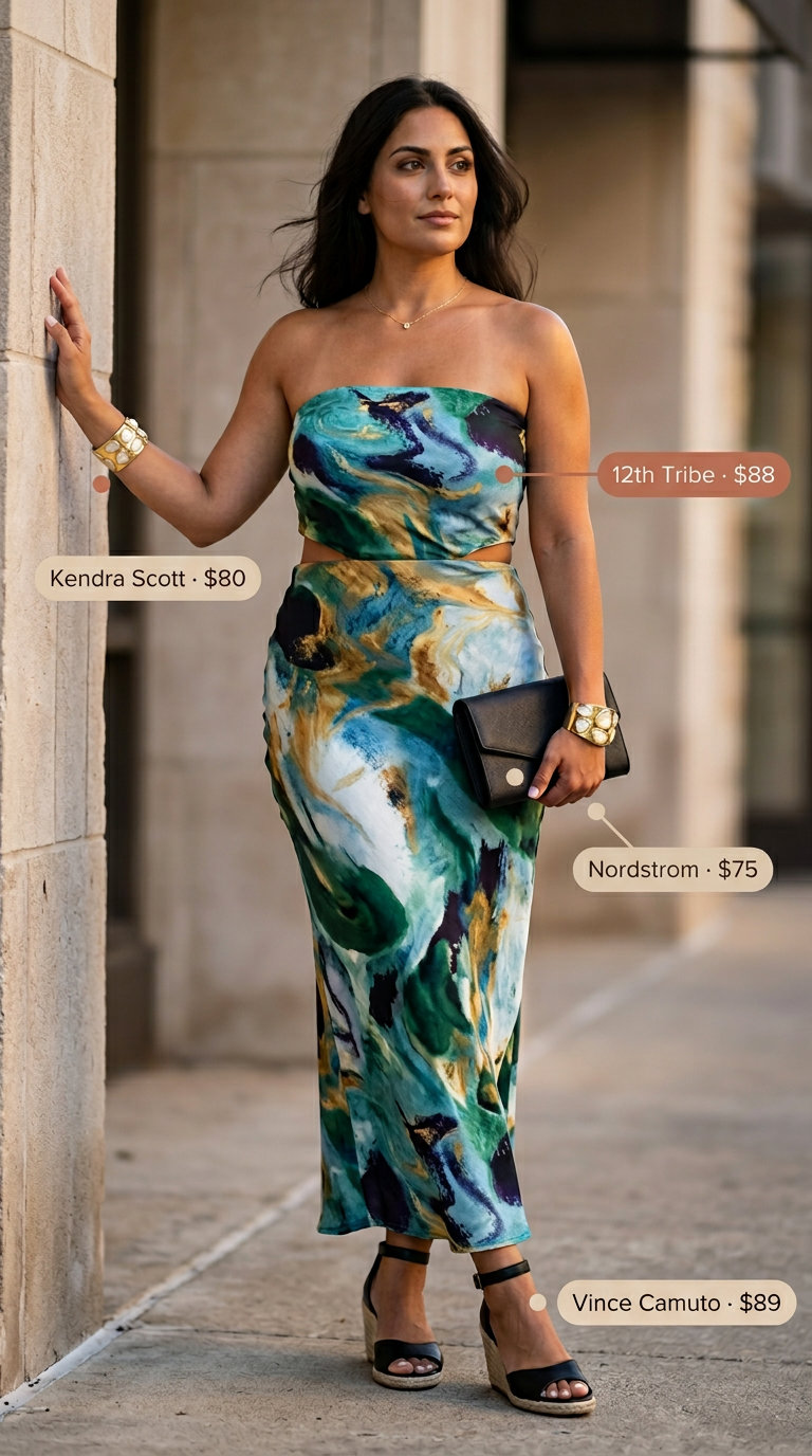 Midsize dress outfits summer 2026: Bold floral jumpsuit with espadrilles and gold cuff for parties.