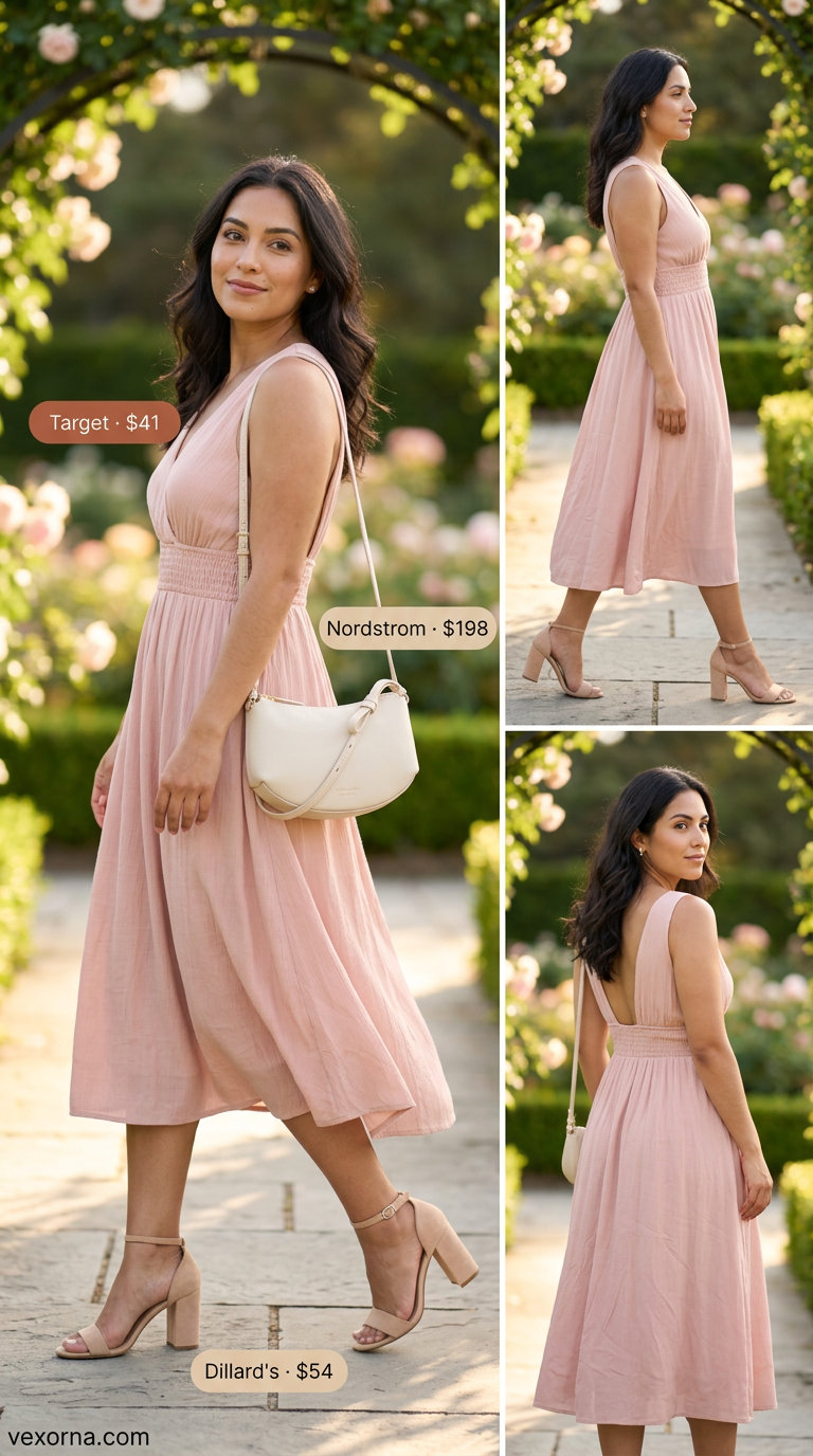Midsize dress outfits summer 2026: Elegant blush pink midi dress with nude block heels, pearl earrings, and crossbody bag.
