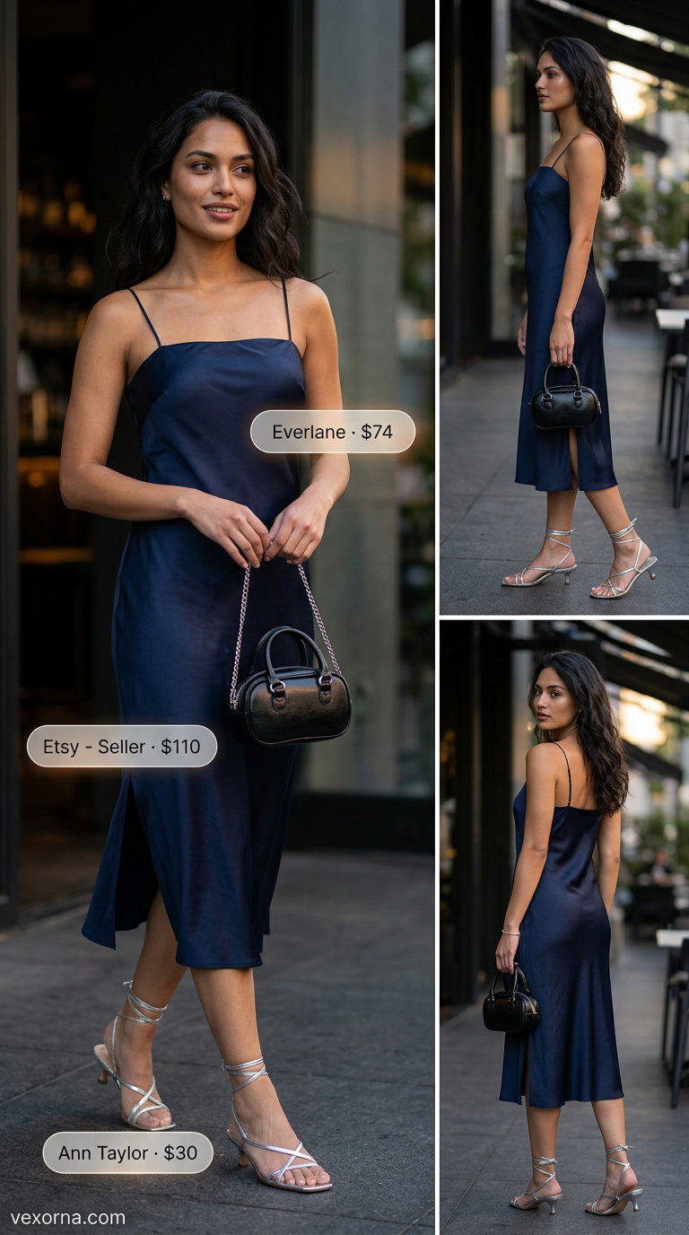 Midsize dress outfits summer 2026: Sleek navy blue slip dress with silver heels, chain bag, and silver earrings.
