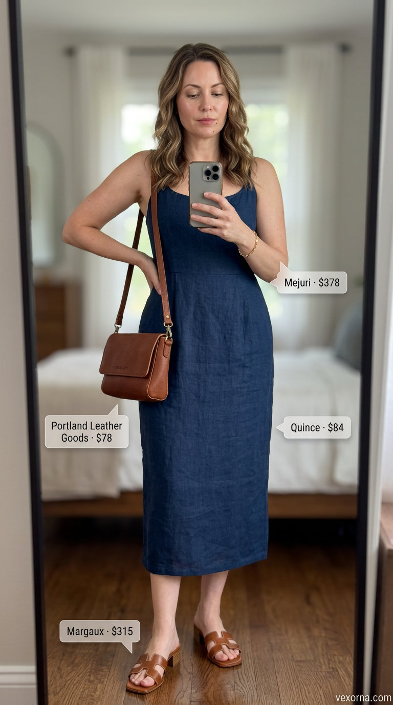 Midsize dress outfits summer 2026: Polished navy and white shorts set with tan leather sandals for smart casual.