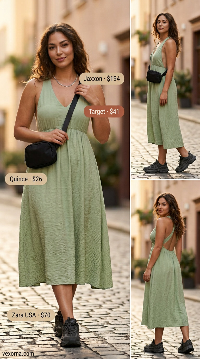Midsize dress outfits summer 2026: Edgy olive green cargo dress with chunky sneakers and belt bag for city exploration.