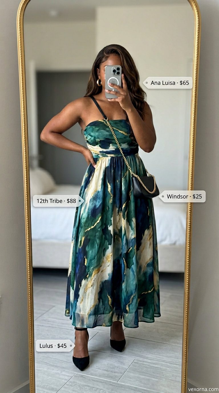 Midsize dress outfits summer 2026: Multi-color print pants with black heels and gold earrings for parties.