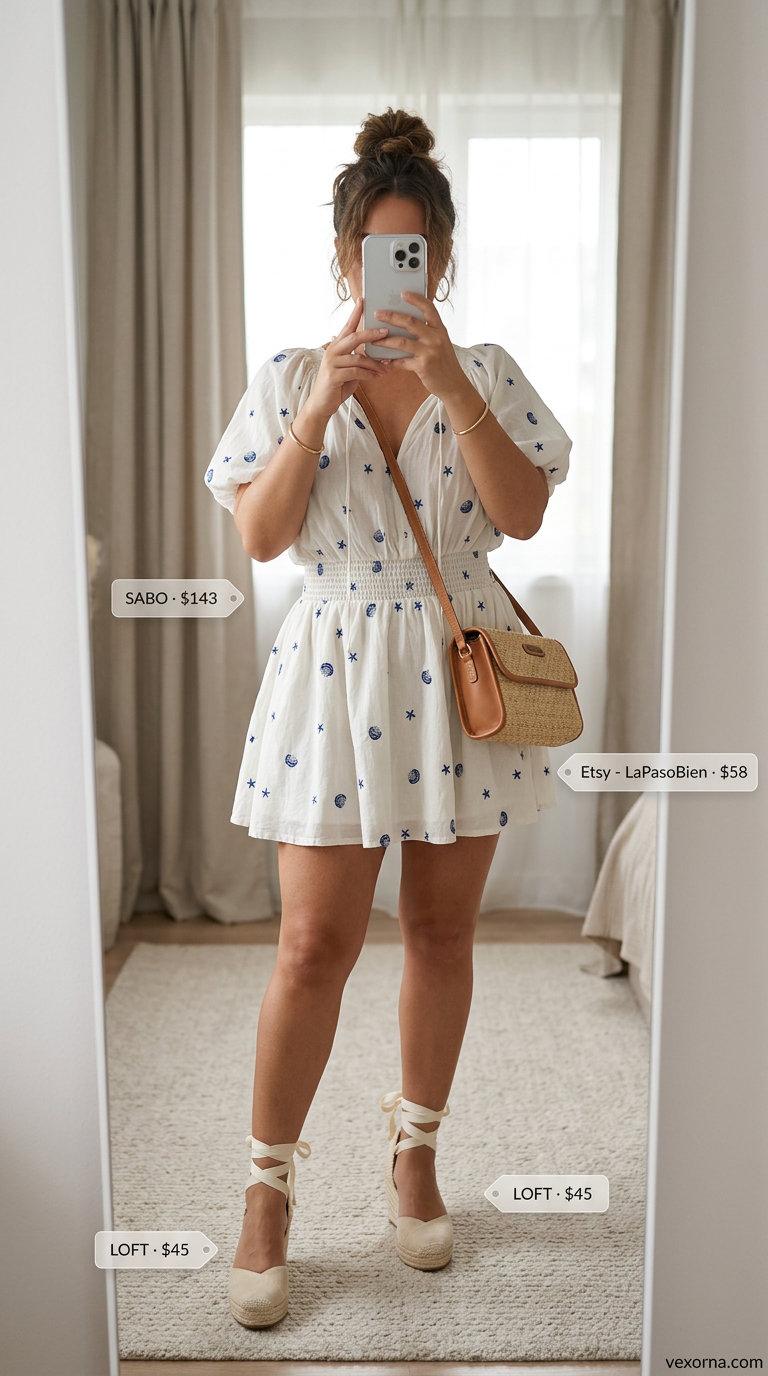Midsize dress outfits summer 2026: Playful white seashell mini dress with espadrille wedges and straw bag for beach days.
