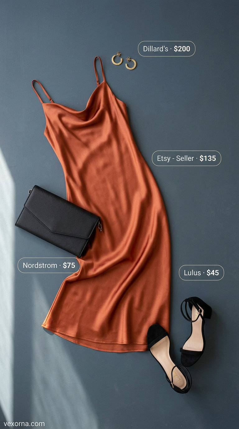 Midsize dress outfits summer 2026: Terracotta slip dress with black heels and gold earrings for date night.