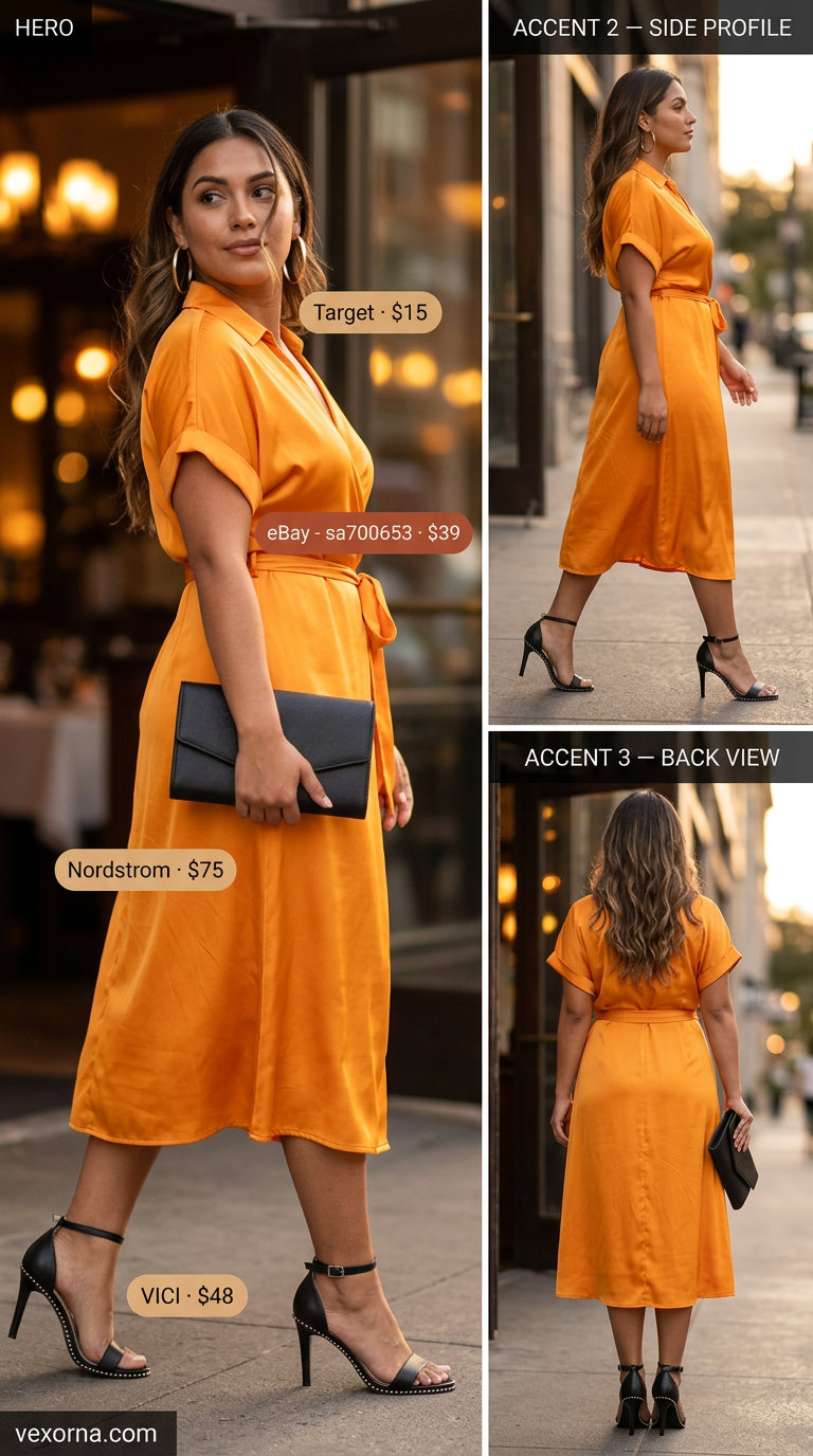 Midsize dress outfits summer 2026: Vibrant mango orange midi wrap dress with black heels, gold hoops, and clutch.