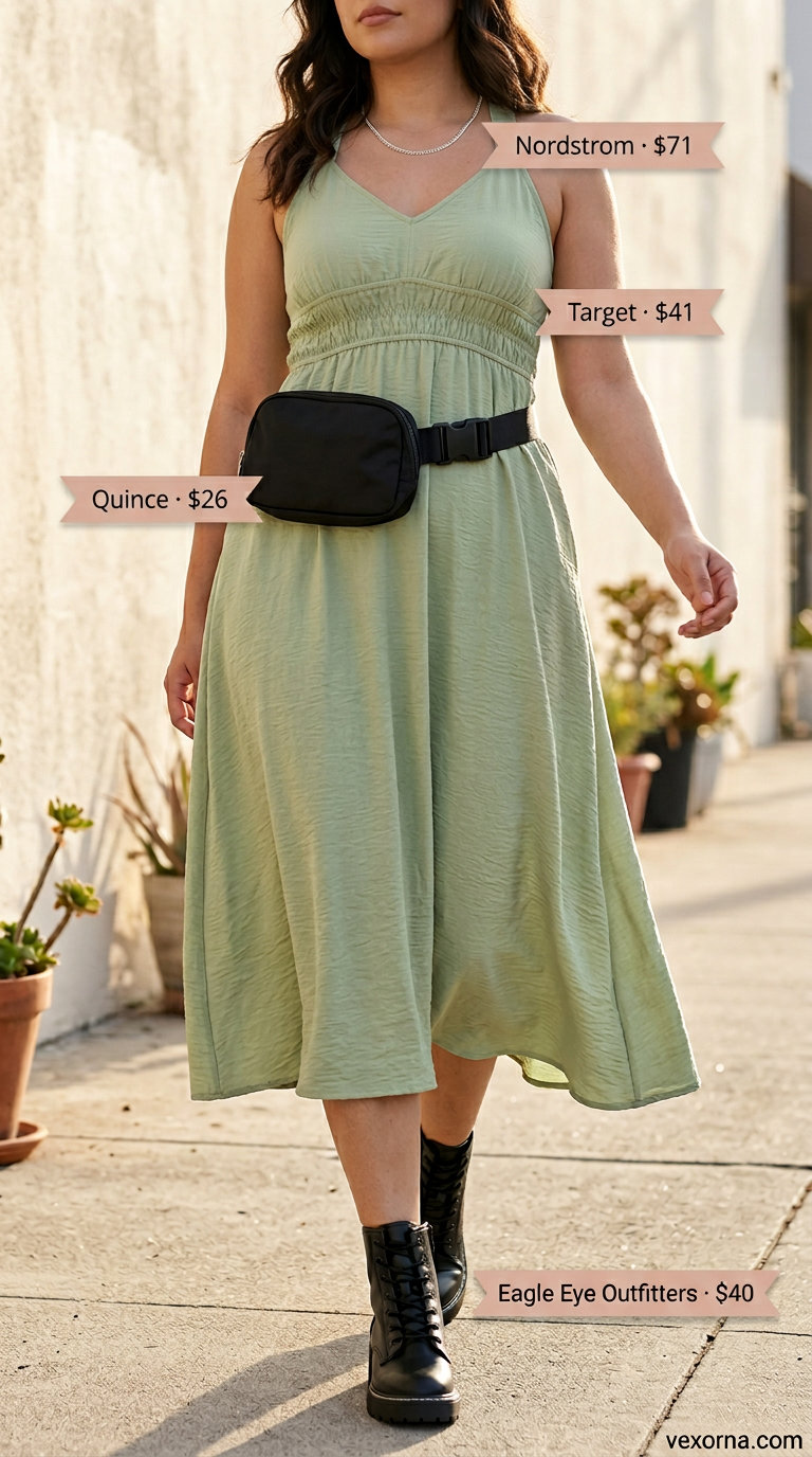 Midsize dress outfits summer 2026: Olive utility jumpsuit with combat boots and belt bag for casual days.