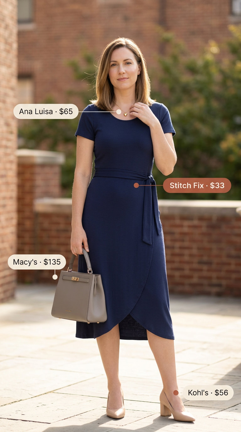 Midsize dress outfits summer 2026: Navy wrap dress with nude heels and gold necklace for work events.
